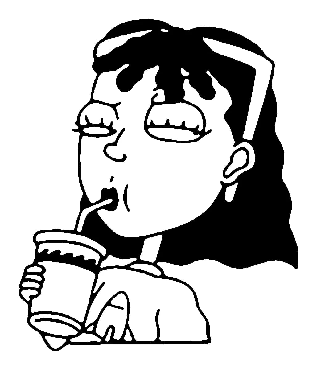 Black and white illustrative tattoo of a 90s style cartoon girl sipping a soda.