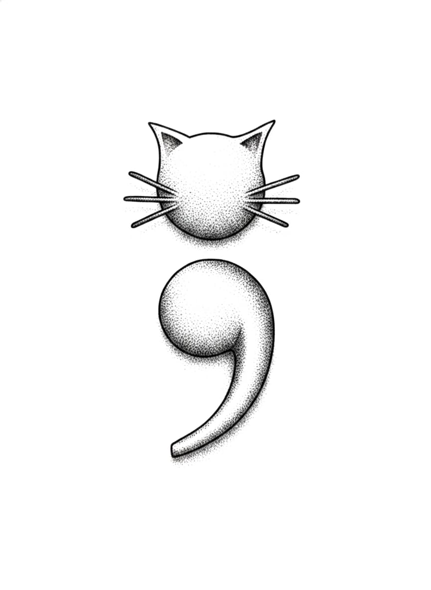 Stippled blackwork tattoo design of a semicolon featuring a cat head with whiskers as the top dot.