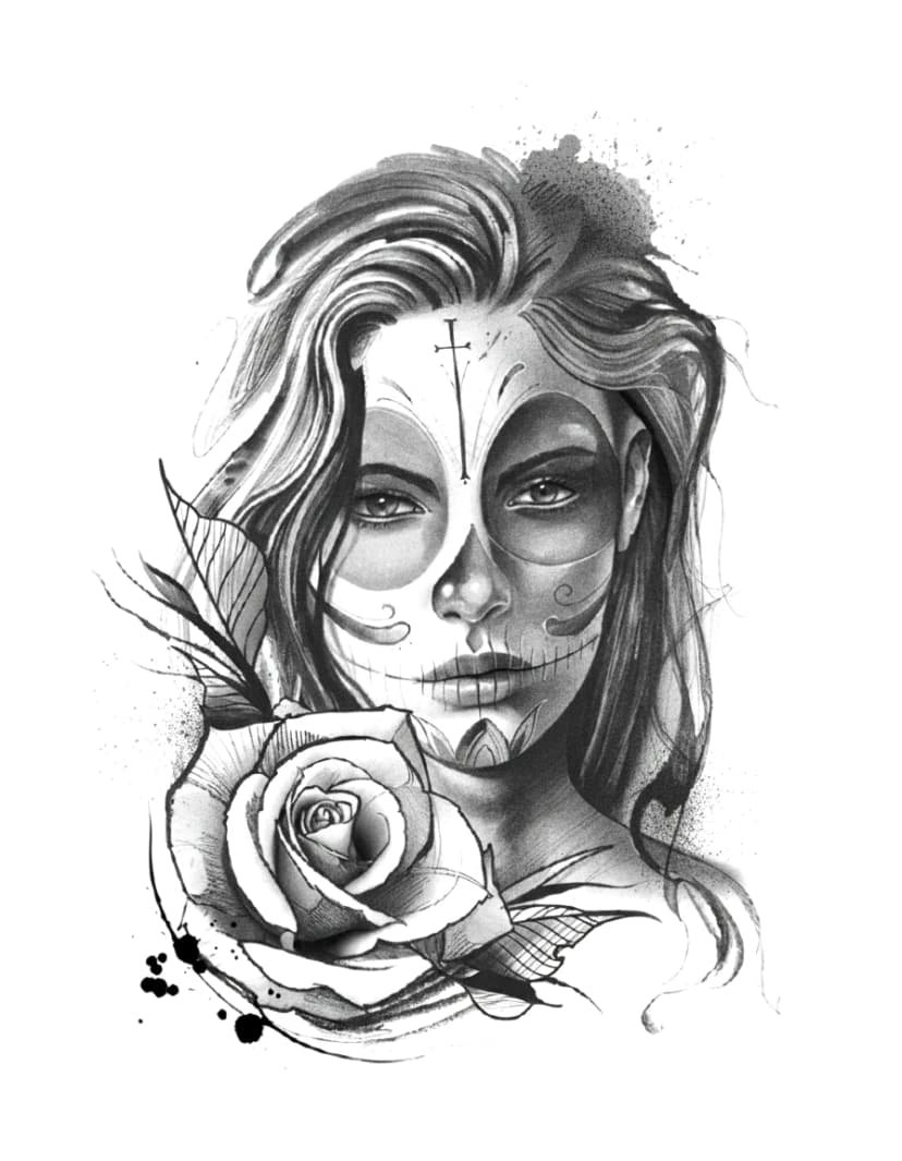Black and grey realism tattoo of La Catrina with a detailed rose and forehead cross.