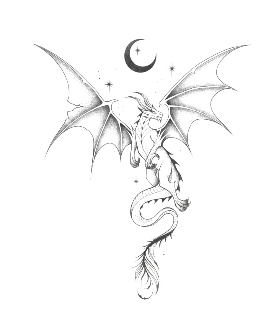 Fine line and dotwork celestial dragon tattoo design with outstretched wings beneath a crescent moon and stars.