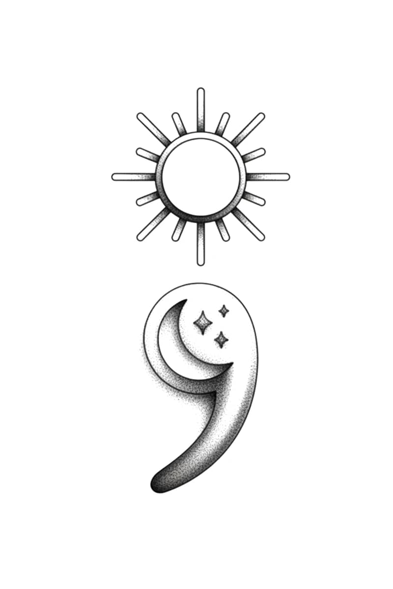 Celestial semicolon tattoo design with a sun, crescent moon, stars, and fine stippled dotwork shading.