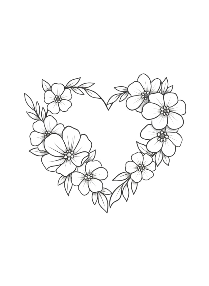 Heart-shaped wreath of black ink cherry blossoms with stippled shading.