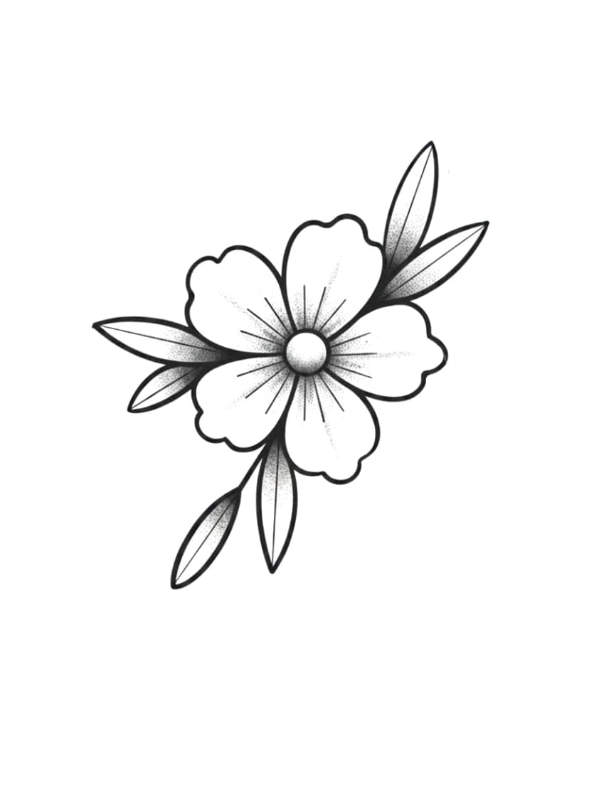 A blackwork tattoo design of a single cherry blossom flower with leaves, featuring stippled shading.