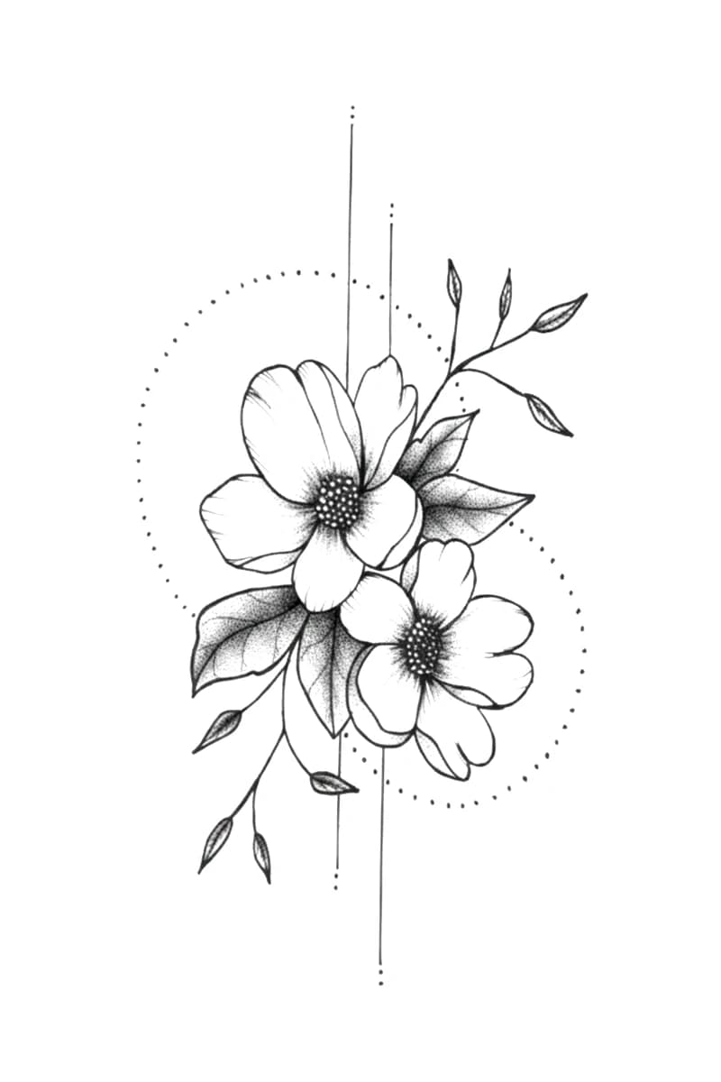 Delicate fine-line tattoo design of two cherry blossoms with stippled leaves and geometric lines.