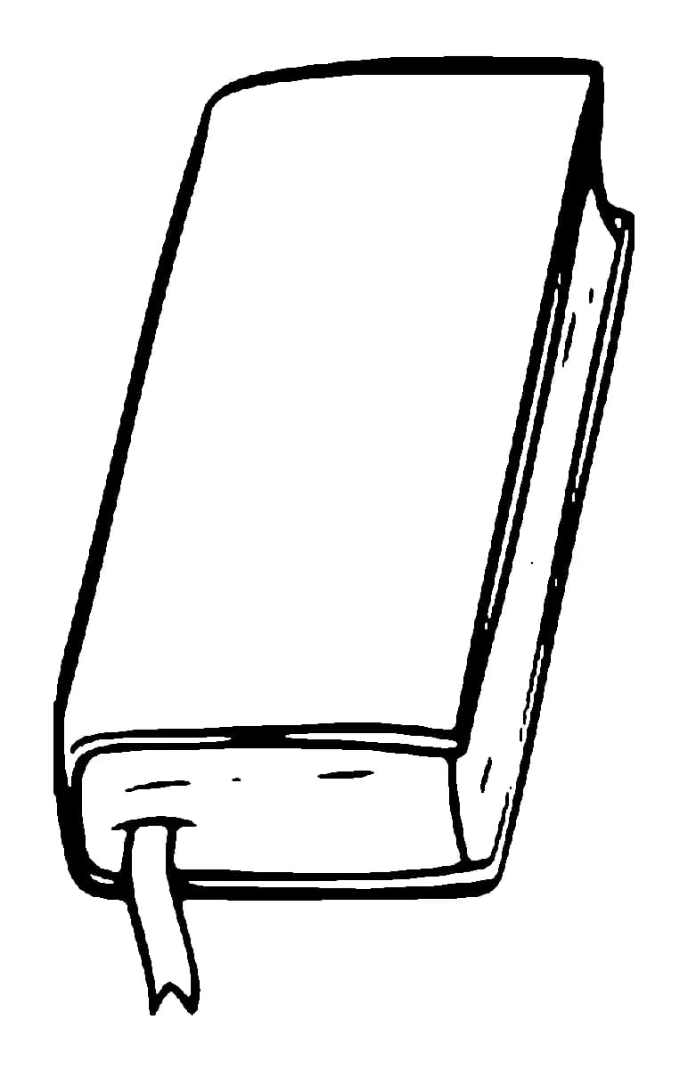 Black outline design of a closed book with a ribbon bookmark.