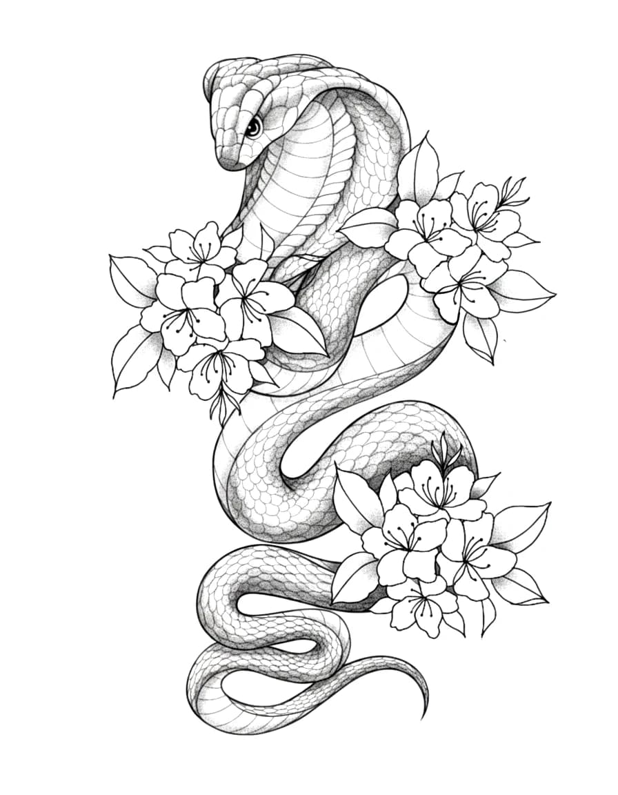 Detailed linework design of a hooded cobra snake intertwined with blooming cherry blossom flowers.