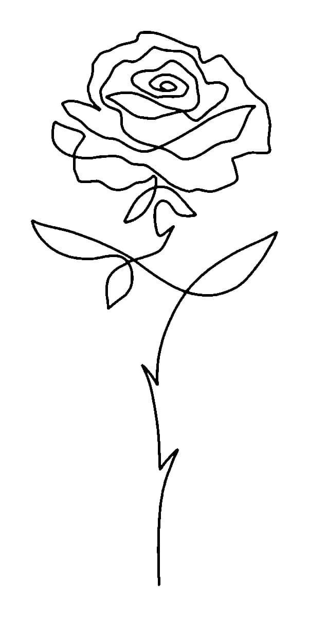 Minimalist single continuous line drawing of a rose with stem and leaves.