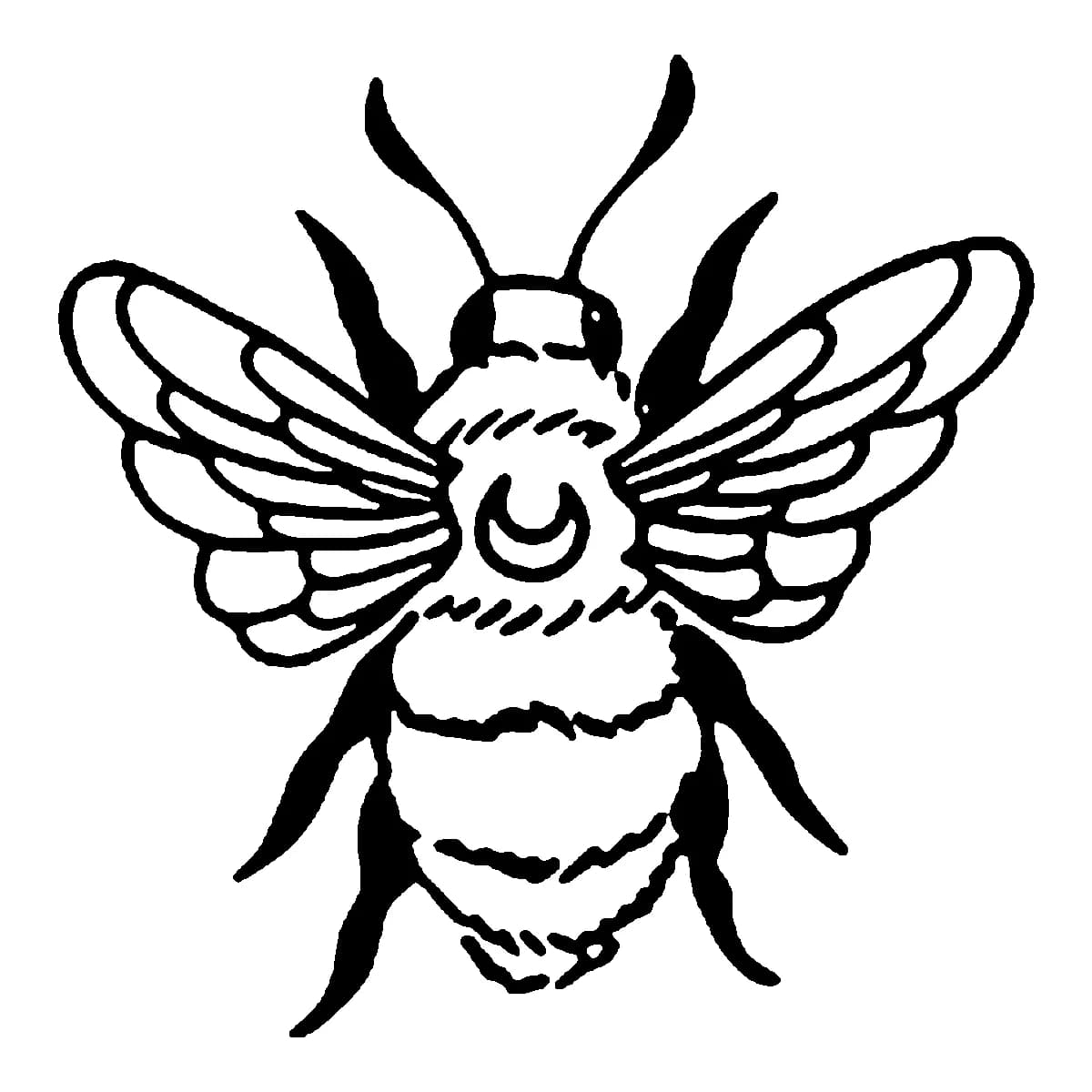 Black ink linework tattoo of a honeybee with a crescent moon symbol on its back.
