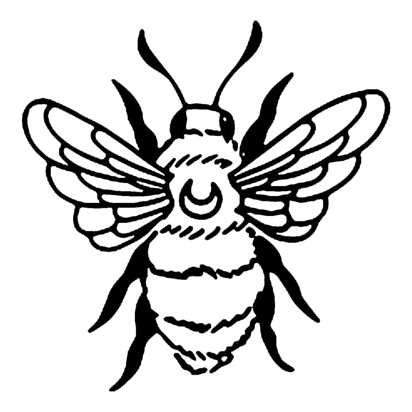 Black ink linework tattoo of a honeybee with a crescent moon symbol on its back.