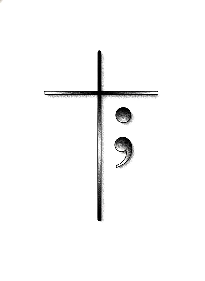 Minimalist Christian cross combined with a semicolon symbol, rendered in clean black ink with subtle stippled shading.