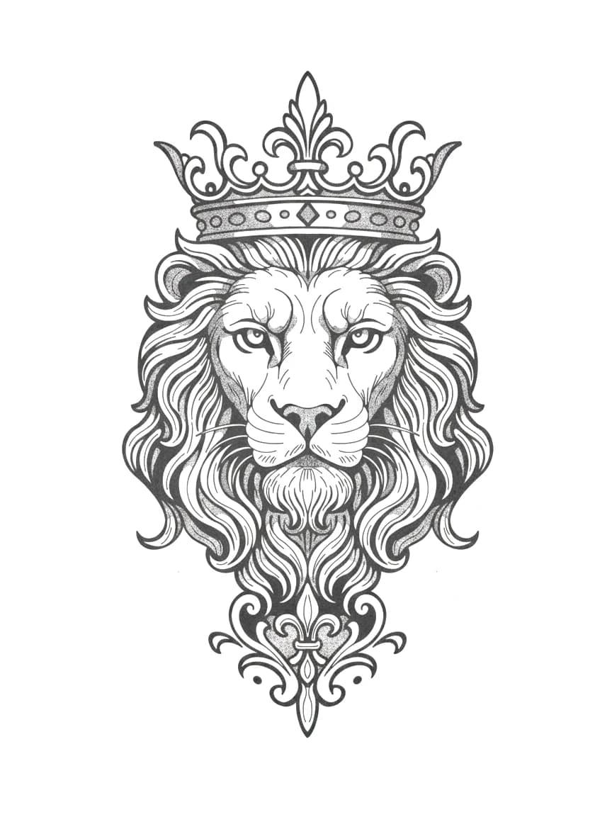 Detailed Crown Lion Tattoo Design with stippled blackwork shading and ornate fleur-de-lis heraldic accents.