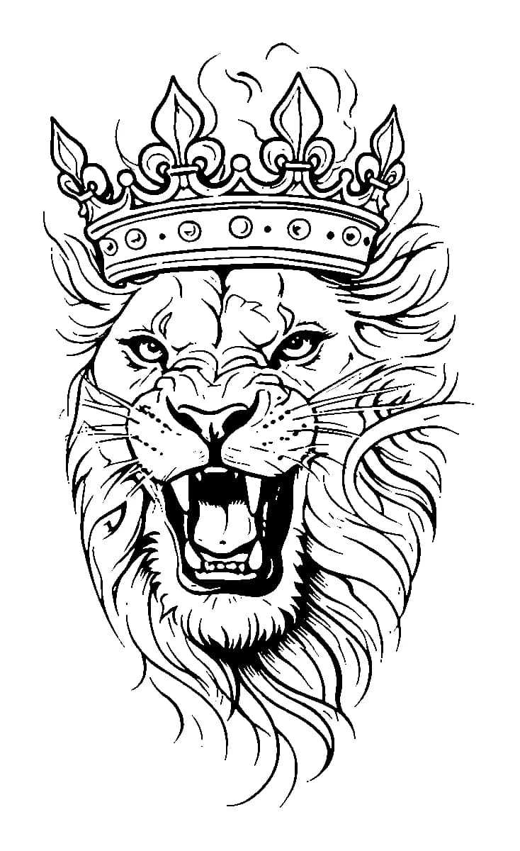 Blackwork tattoo design of a roaring crowned lion with detailed mane and fangs.