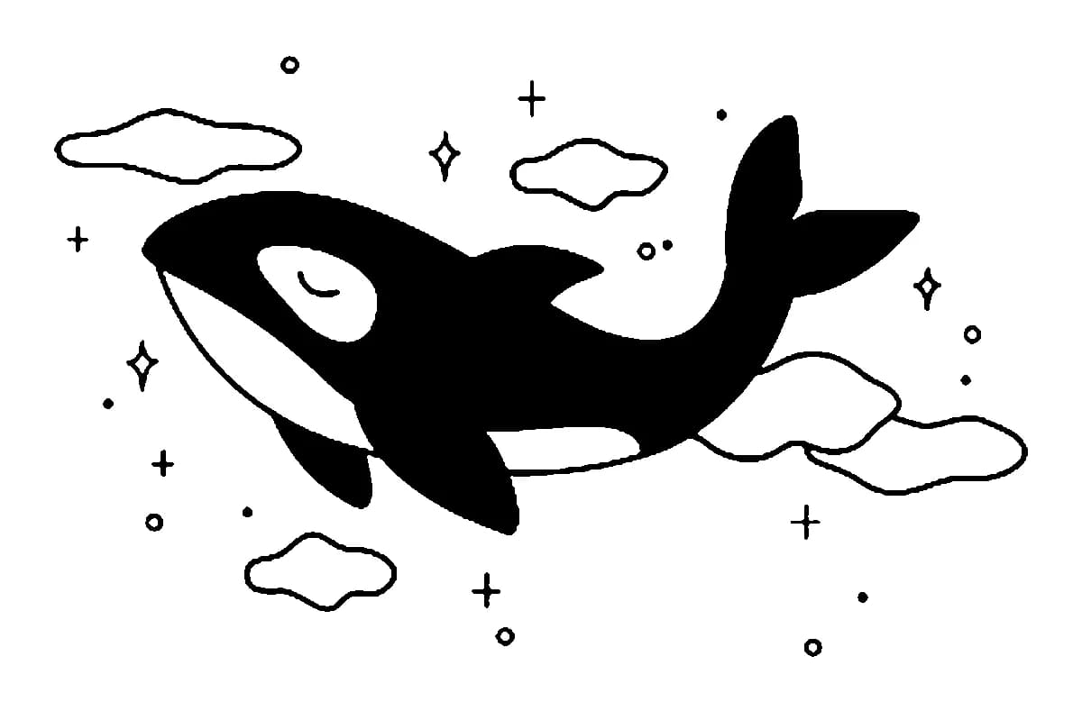 Minimalist black ink tattoo design of a cute orca swimming among clouds and star sparkles.