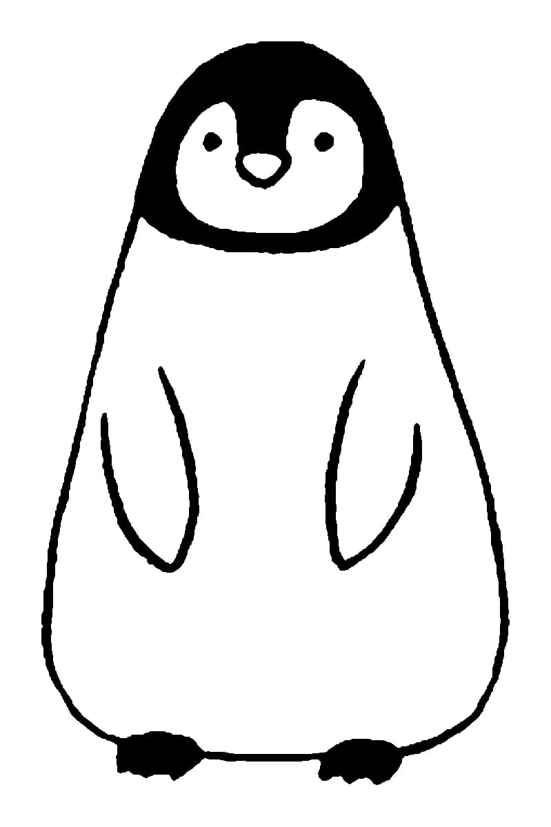 Simple minimalist black and white outline of a cute standing penguin.