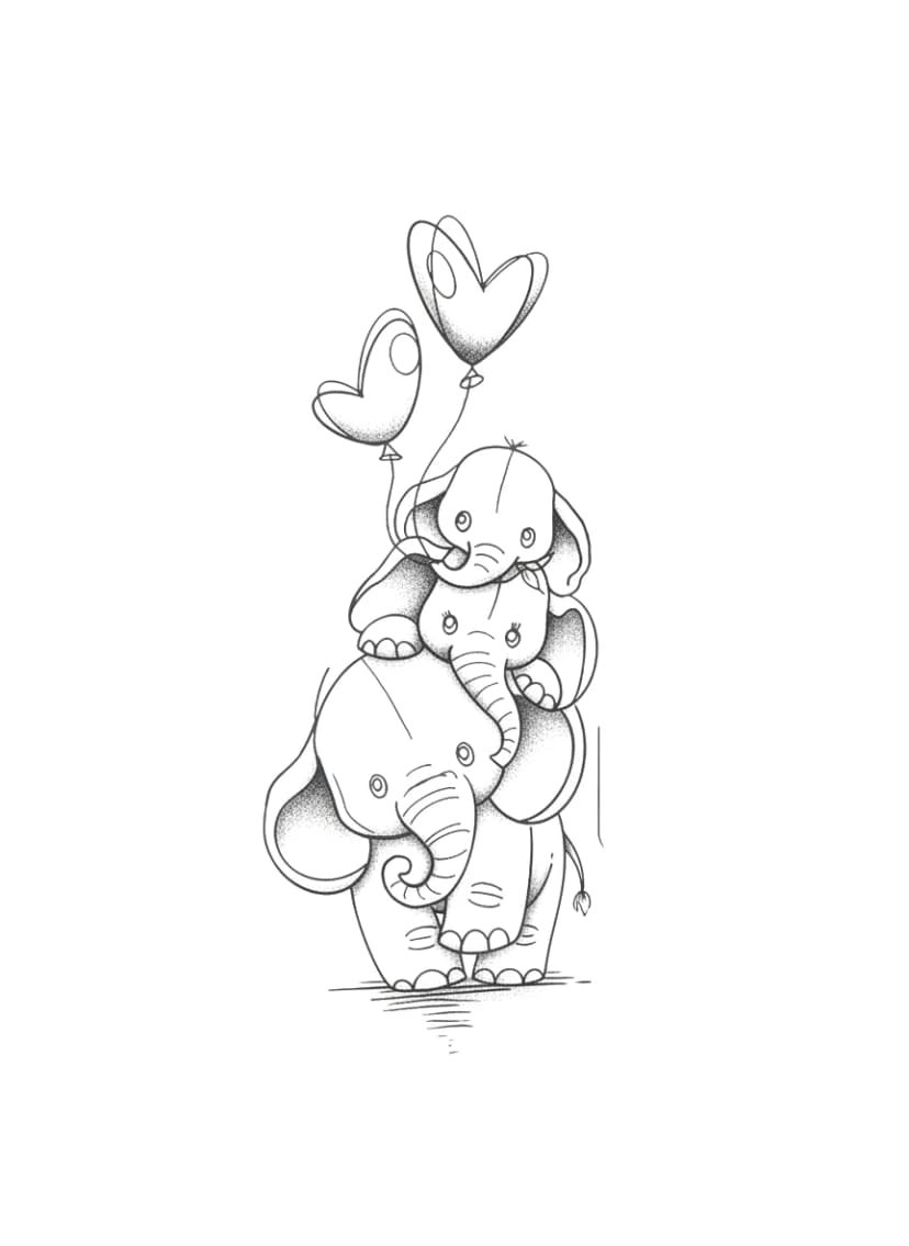 Stacked cartoon elephants with heart balloons in illustrative stippled style.
