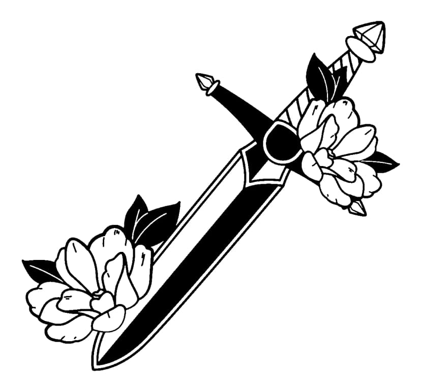Traditional blackwork dagger tattoo design adorned with blooming peony flowers.