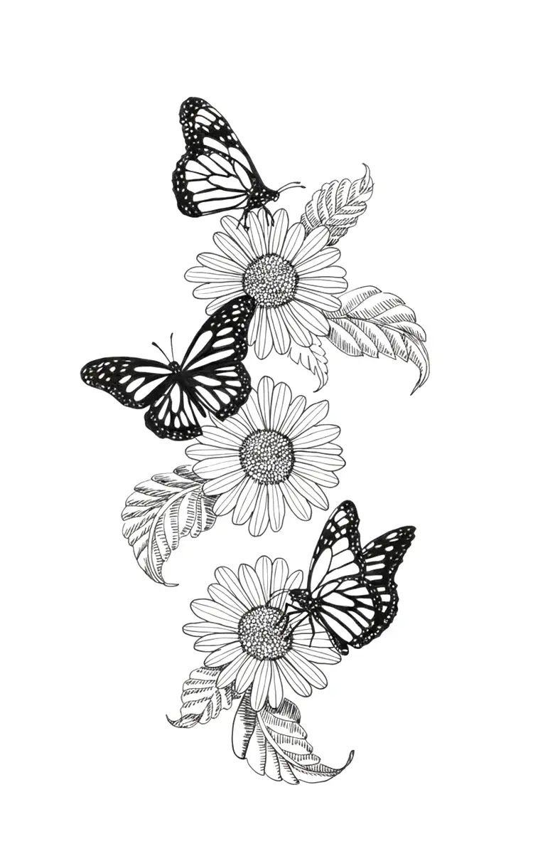 Black and white illustrative tattoo design of three monarch butterflies on blooming daisies with detailed leaves.
