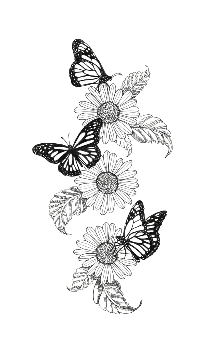 Black and white illustrative tattoo design of three monarch butterflies on blooming daisies with detailed leaves.