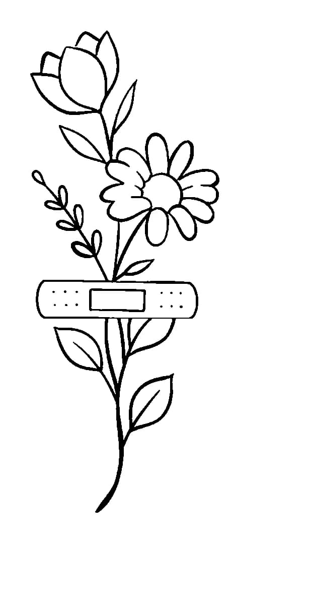 Illustrative black ink tattoo design of a daisy and tulip flower stem wrapped in a simple bandage.