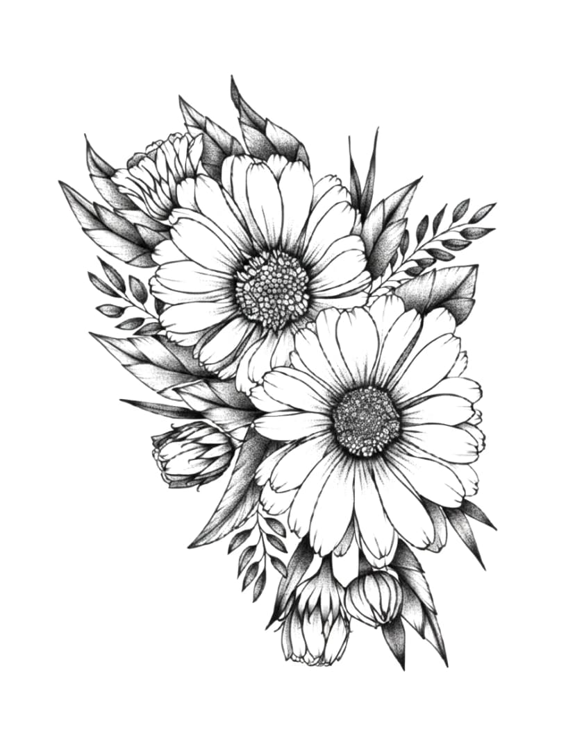 Stippled blackwork tattoo design of blooming daisies with leaves and buds.