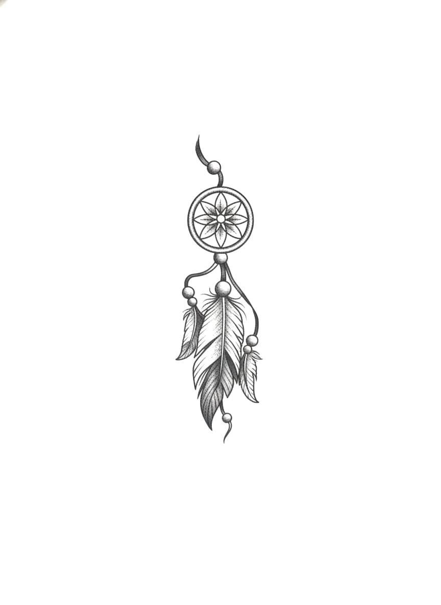 Delicate fine line dreamcatcher tattoo design with detailed hanging feathers and stippled shading.