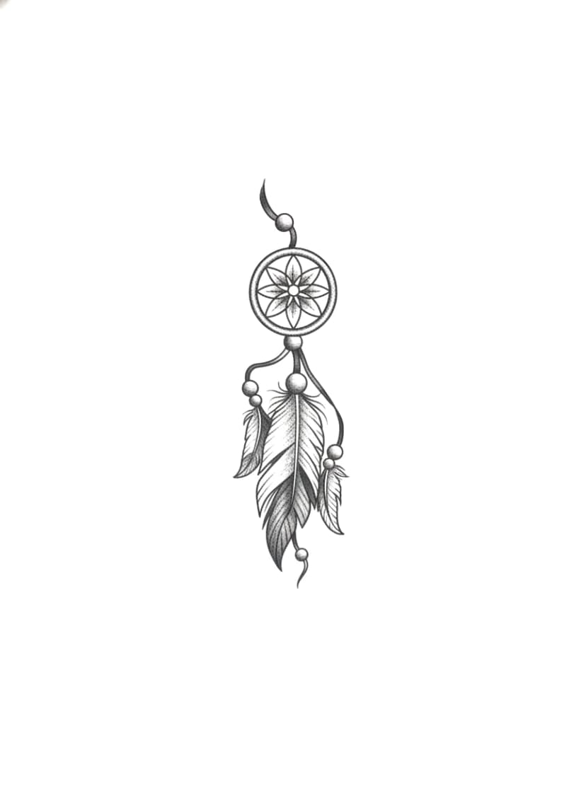 Delicate fine line dreamcatcher tattoo design with detailed hanging feathers and stippled shading.