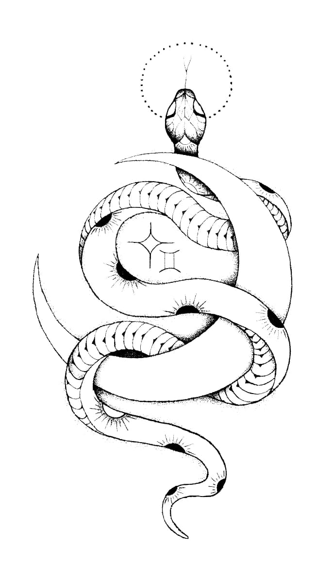 Dotwork coiled serpent entwined around a crescent moon with Gemini zodiac sign and dotted halo.