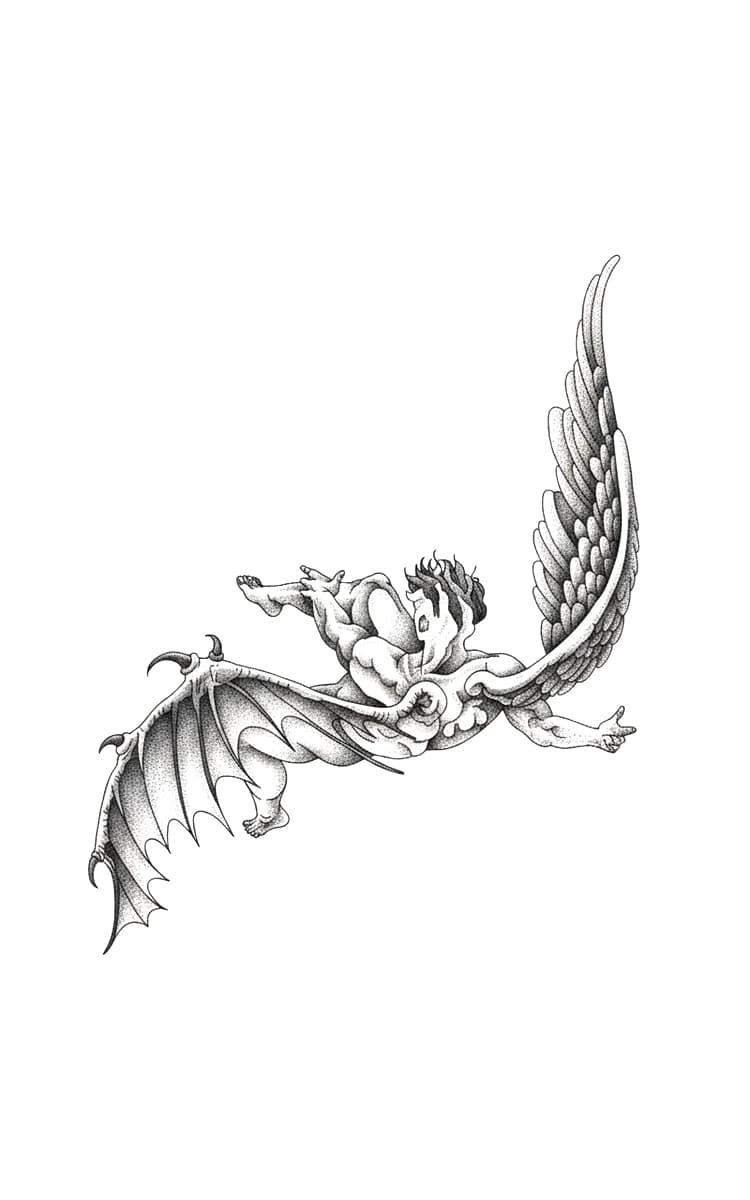 Stippled blackwork tattoo design of Icarus falling with one feathered wing and one bat wing in dynamic mid-air descent.