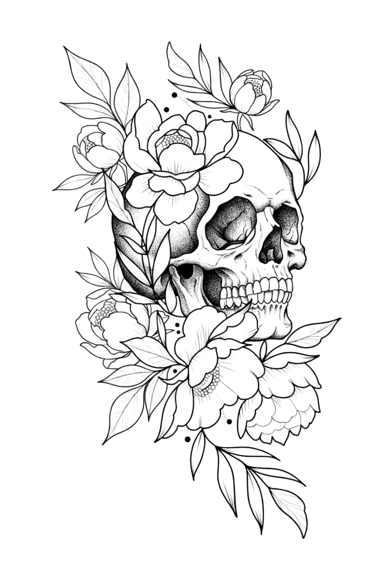 Illustrative skull tattoo design rendered with stippled dotwork shading and framed by blooming peonies and foliage.