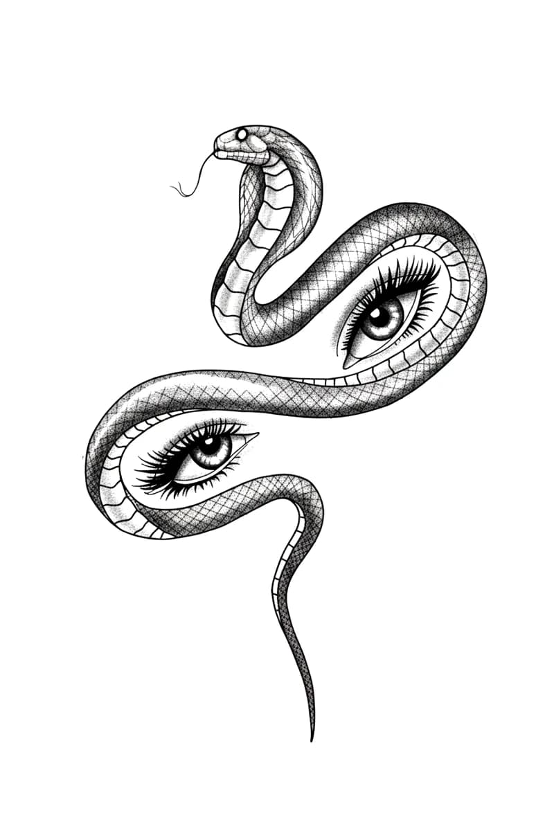 Blackwork tattoo flash of an undulating serpent framing two detailed human eyes with fine dotwork scales.