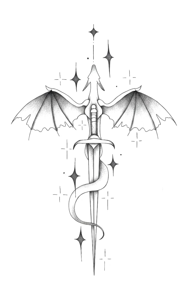 Stippled blackwork tattoo design featuring a dragon entwined around a dagger with celestial sparkles.