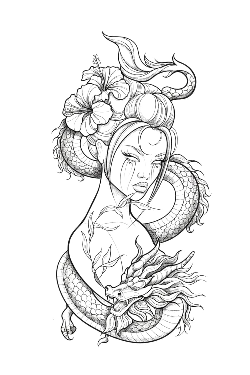 Illustrative blackwork tattoo design featuring a woman's portrait surrounded by a dragon and hibiscus flowers.