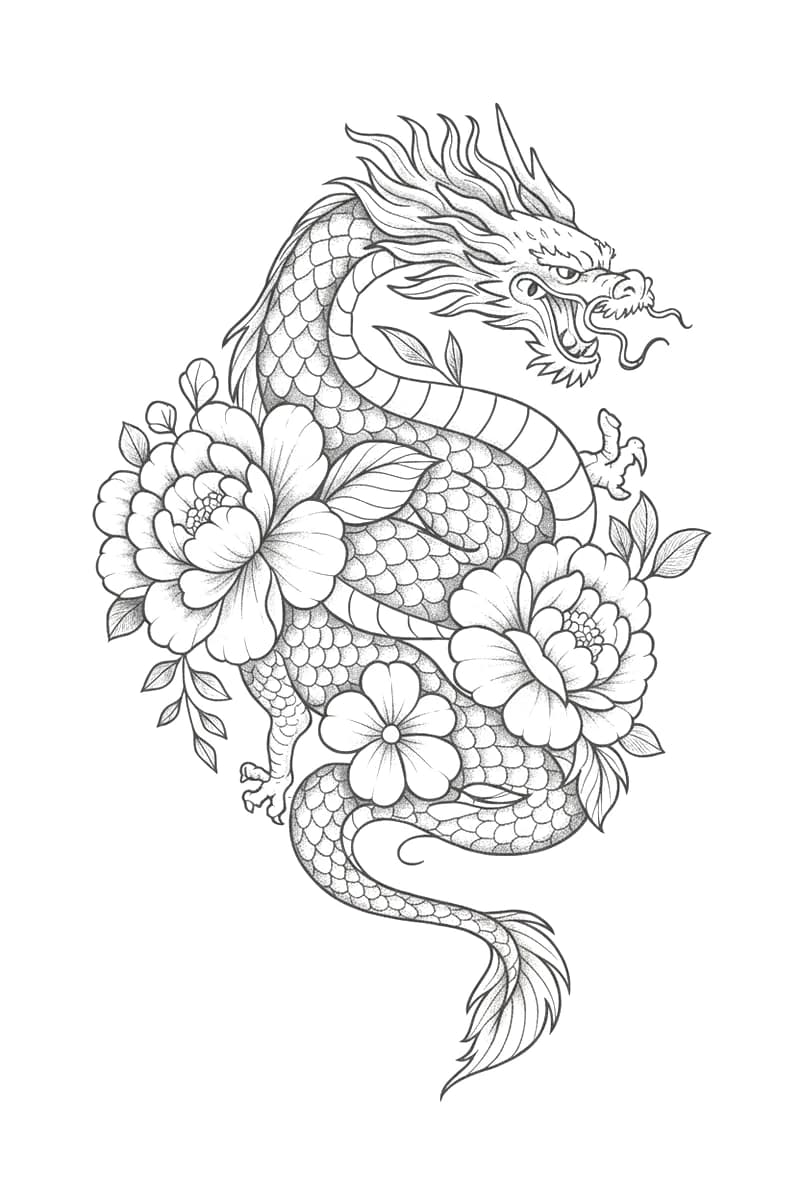 Illustrative black and grey Japanese dragon tattoo design entwined with peony and cherry blossom flowers with fine stippling.