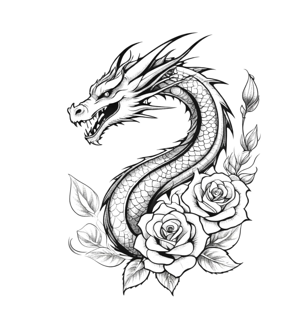 Blackwork tattoo design featuring an Eastern dragon head curving above detailed blooming roses with dotwork shading.