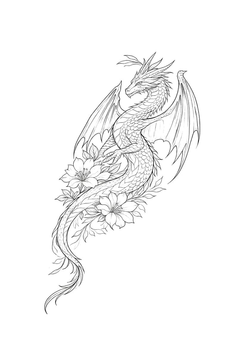 Fine line dragon intertwined with blooming hibiscus flowers in black ink illustrative style.