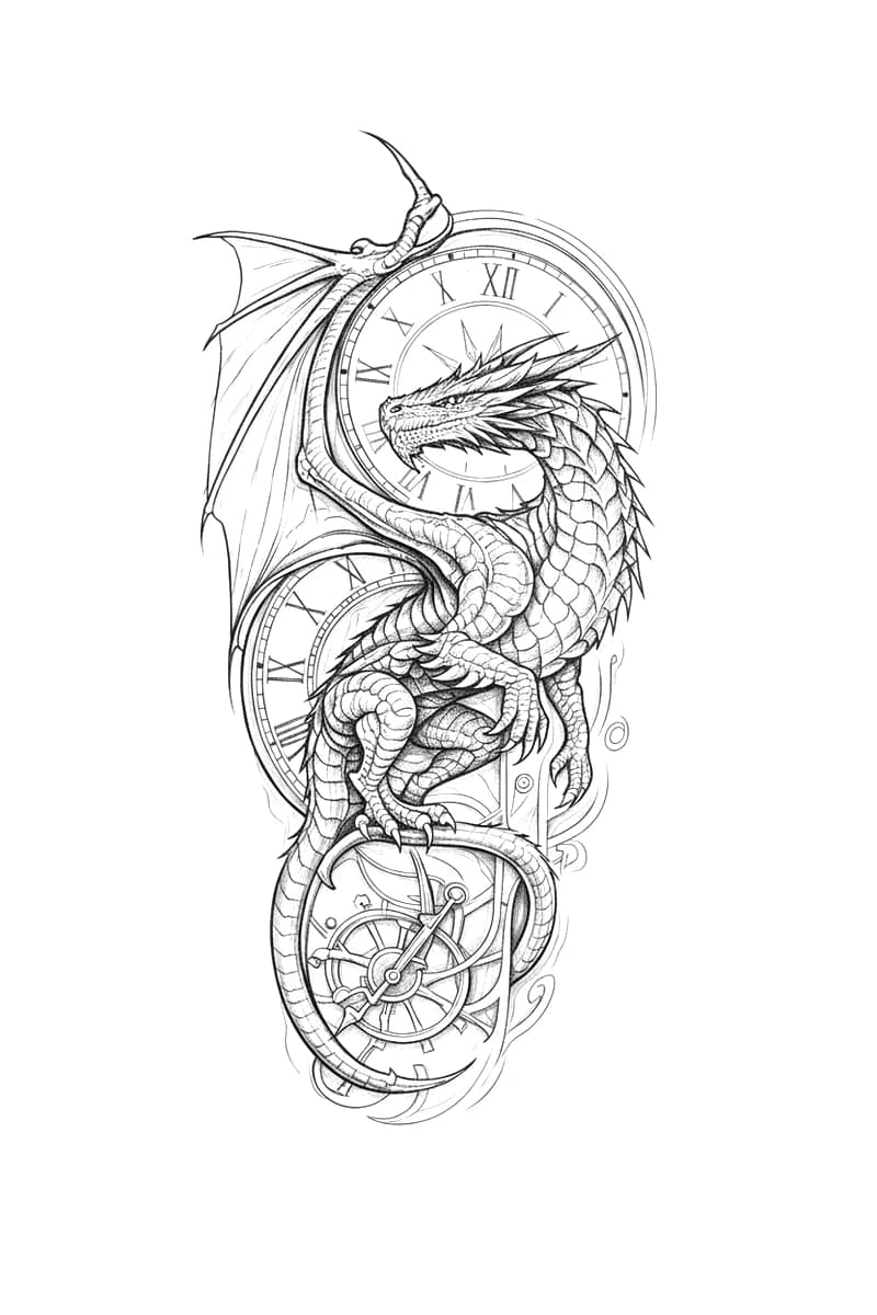 Detailed illustrative blackwork tattoo design of a dragon perched atop an ornamental Roman numeral pocket watch.