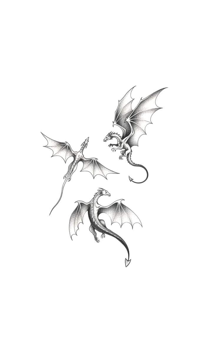 Three flying dragons depicted in fine-line illustrative blackwork with stippled shading.