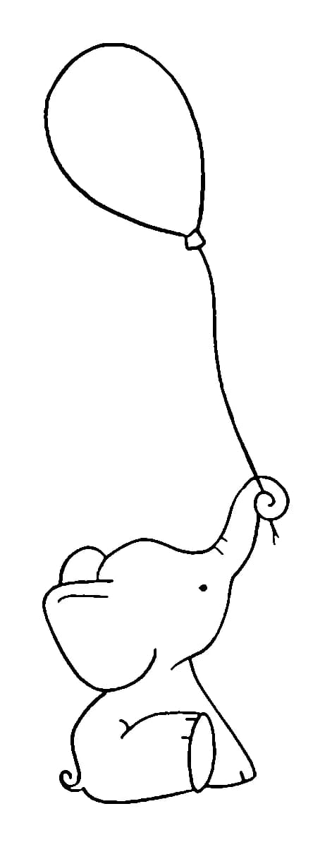 Minimalist line art of a baby elephant holding a balloon string with its trunk in black ink.