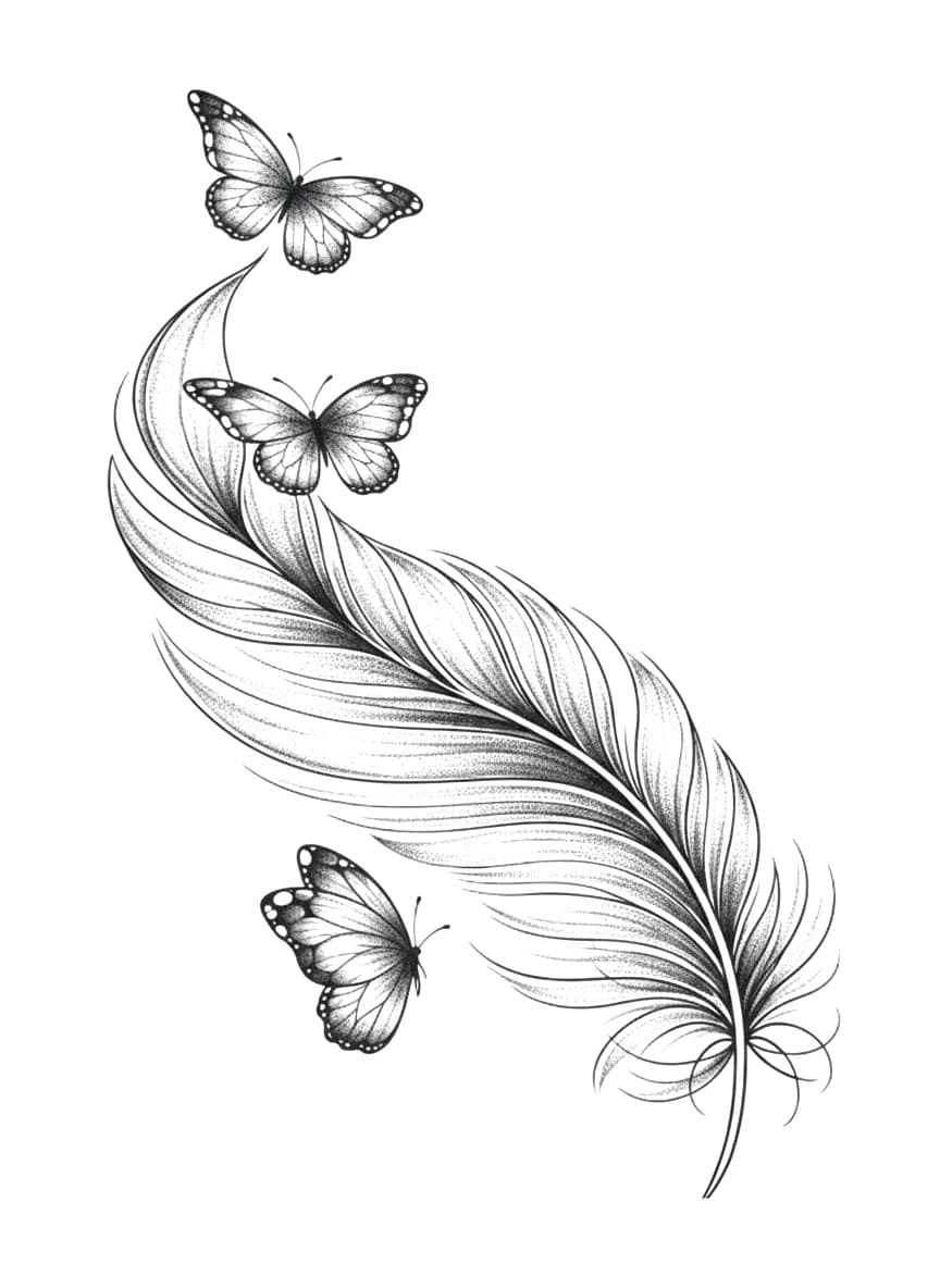 Fine line feather tattoo design surrounded by three delicate fluttering butterflies with stippled dotwork shading.