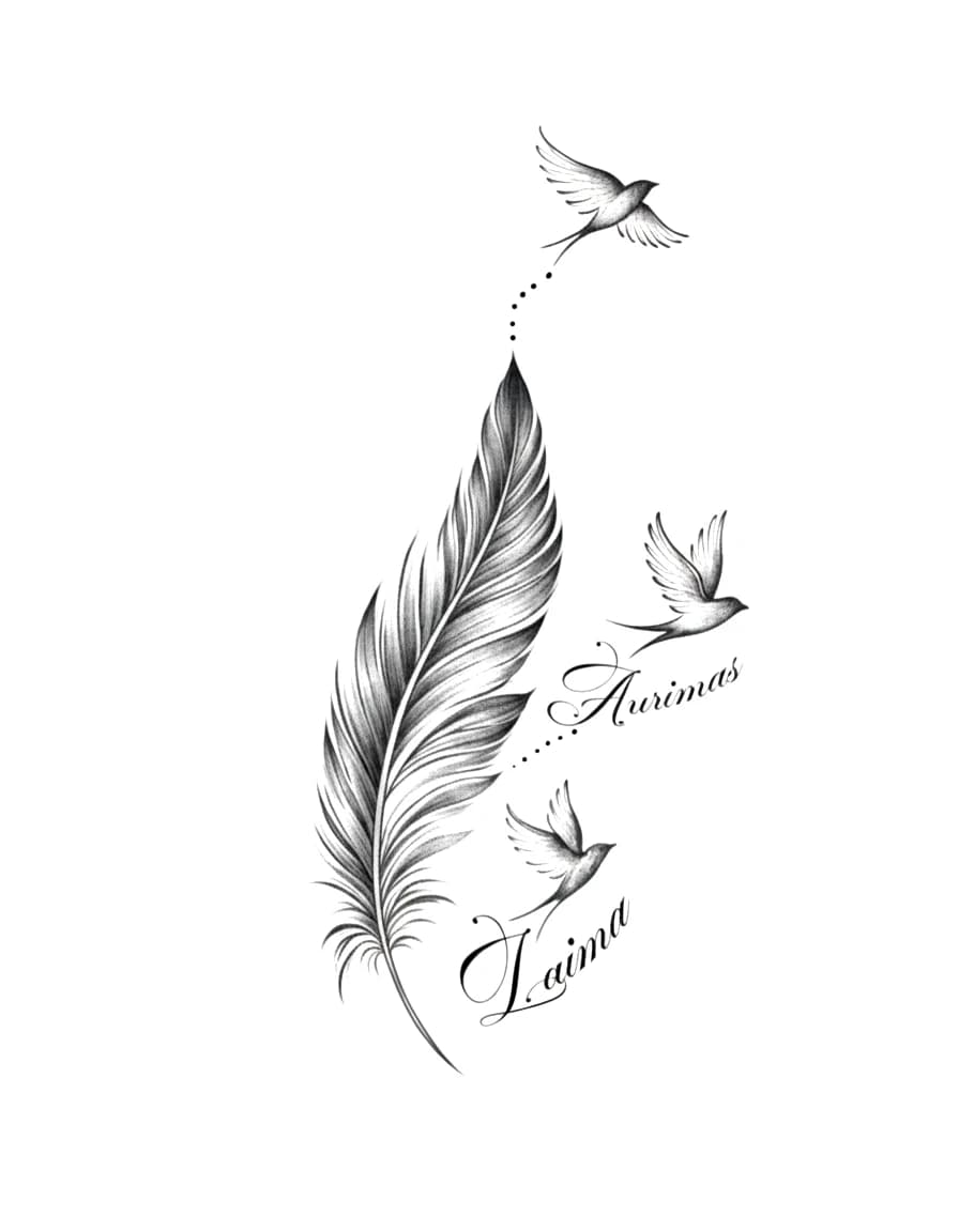 Fine line feather tattoo design with three flying swallows and custom cursive names Aurimas and Laima.