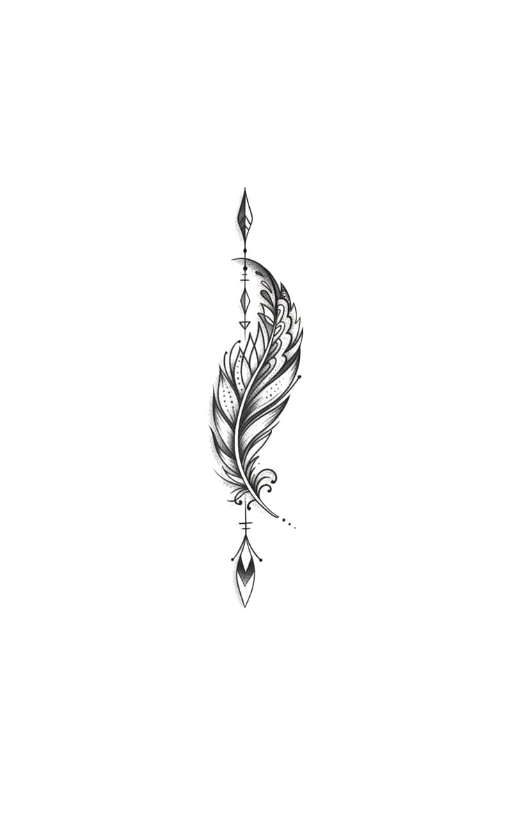 Ornamental feather tattoo design featuring sharp geometric arrow tips, fine lines, and delicate stippling shading.