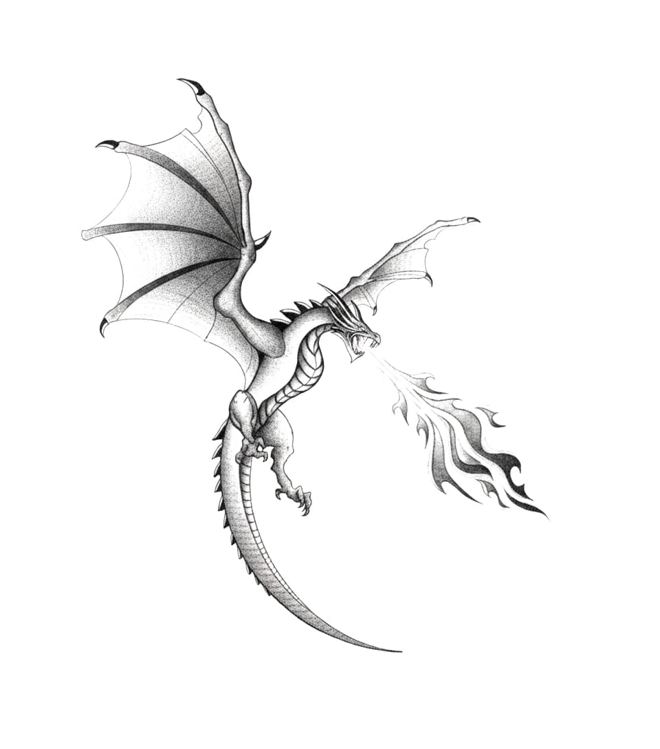 Stippled blackwork fire-breathing dragon tattoo design with spread wings and detailed shading.