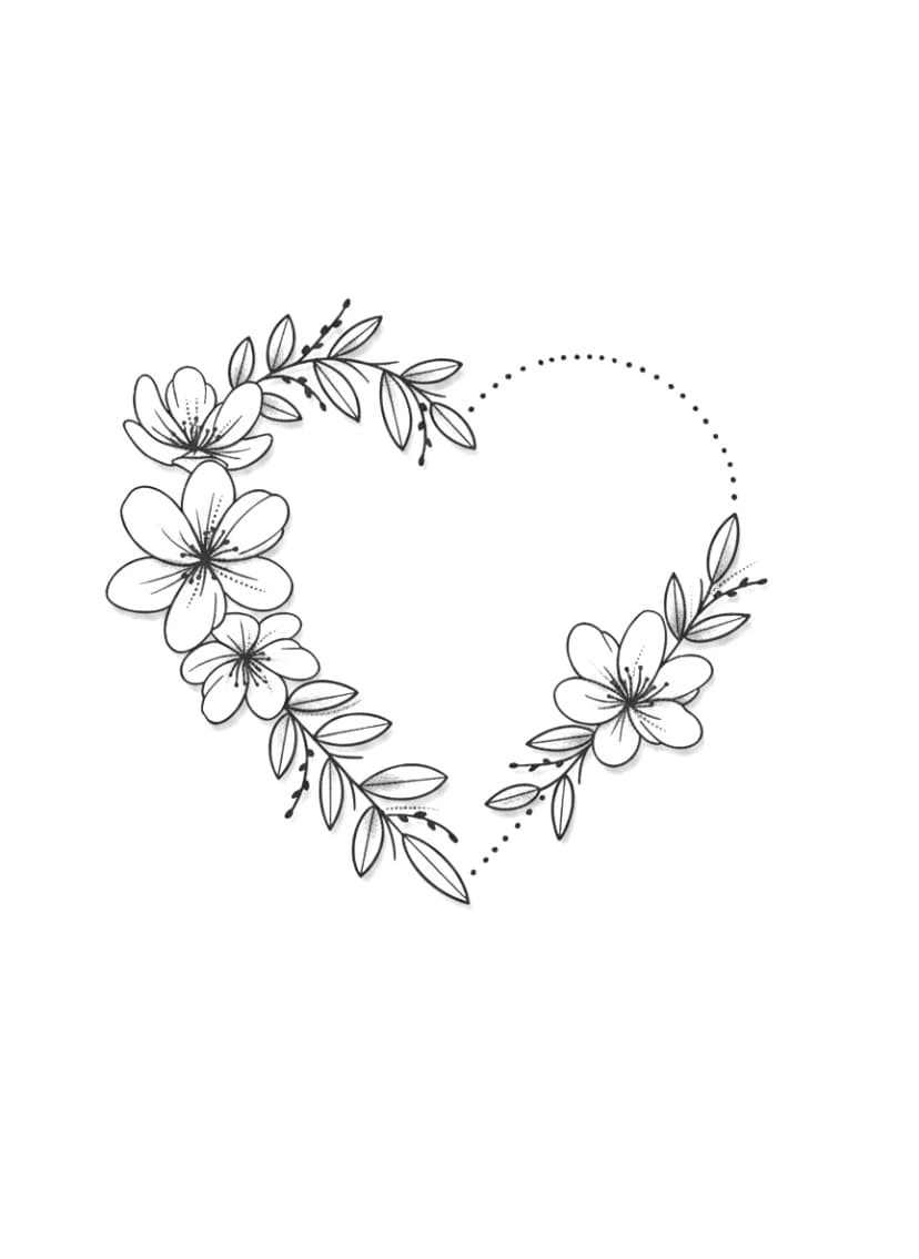 Minimalist heart frame composed of fine-line Cherry Blossom / Sakura blooms and dotted trailing details.