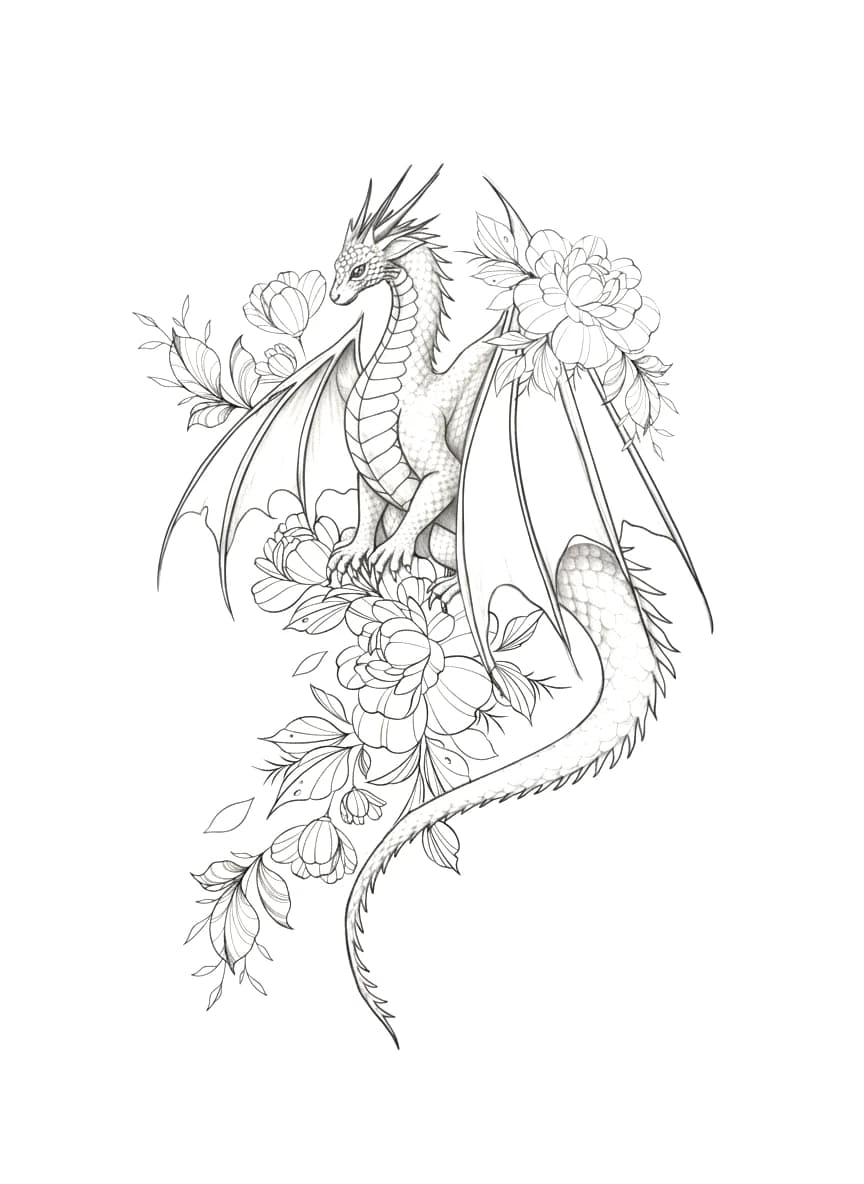 Fine line illustrative tattoo design of a horned dragon perched among layered peony flowers and delicate leaves.