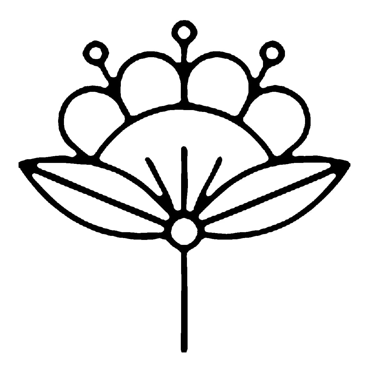 Minimalist bold line tattoo of a stylized folk-art plum blossom with prominent stamens and leaves.