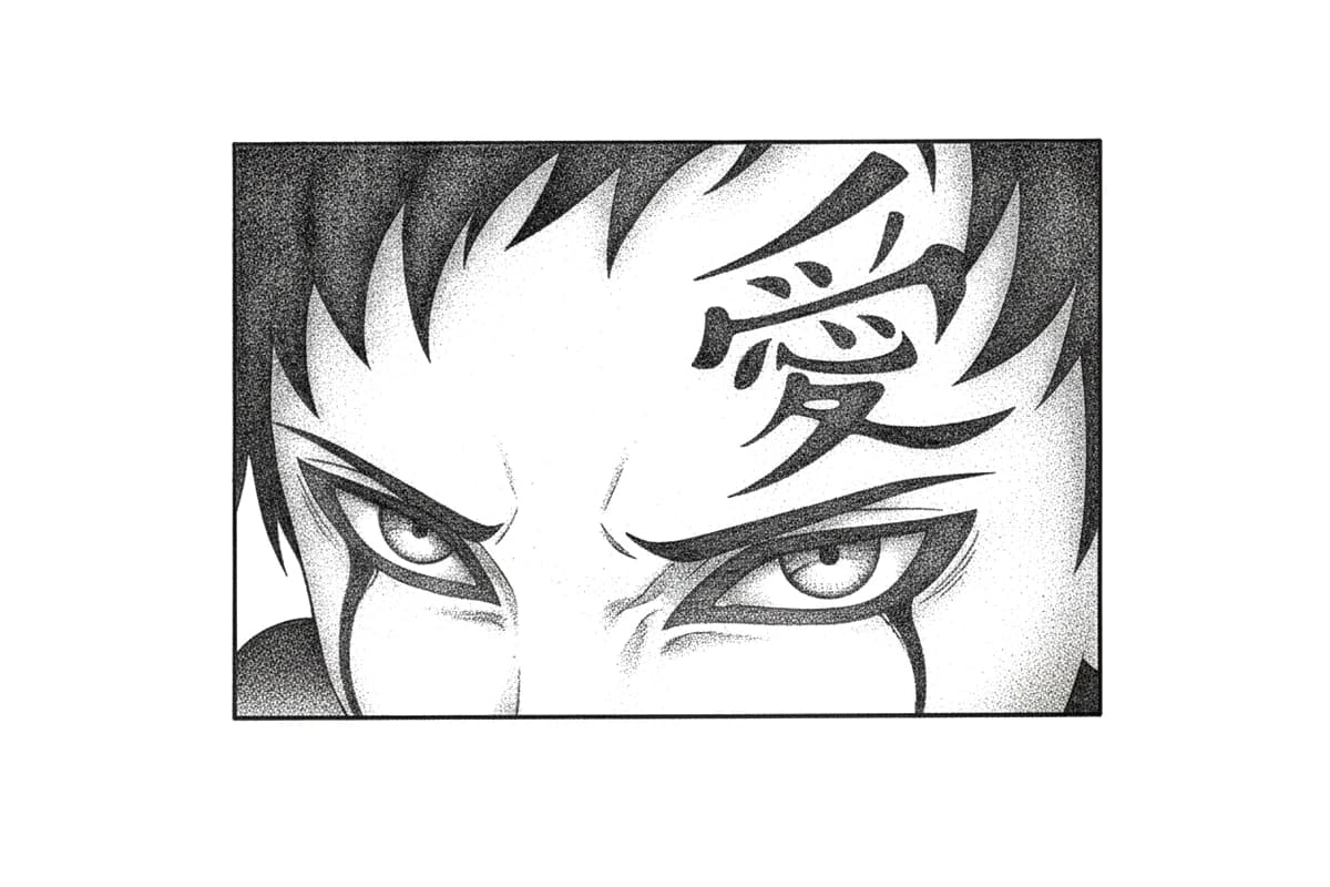 Blackwork stippled anime manga panel tattoo featuring Gaara's intense gaze and forehead kanji symbol.