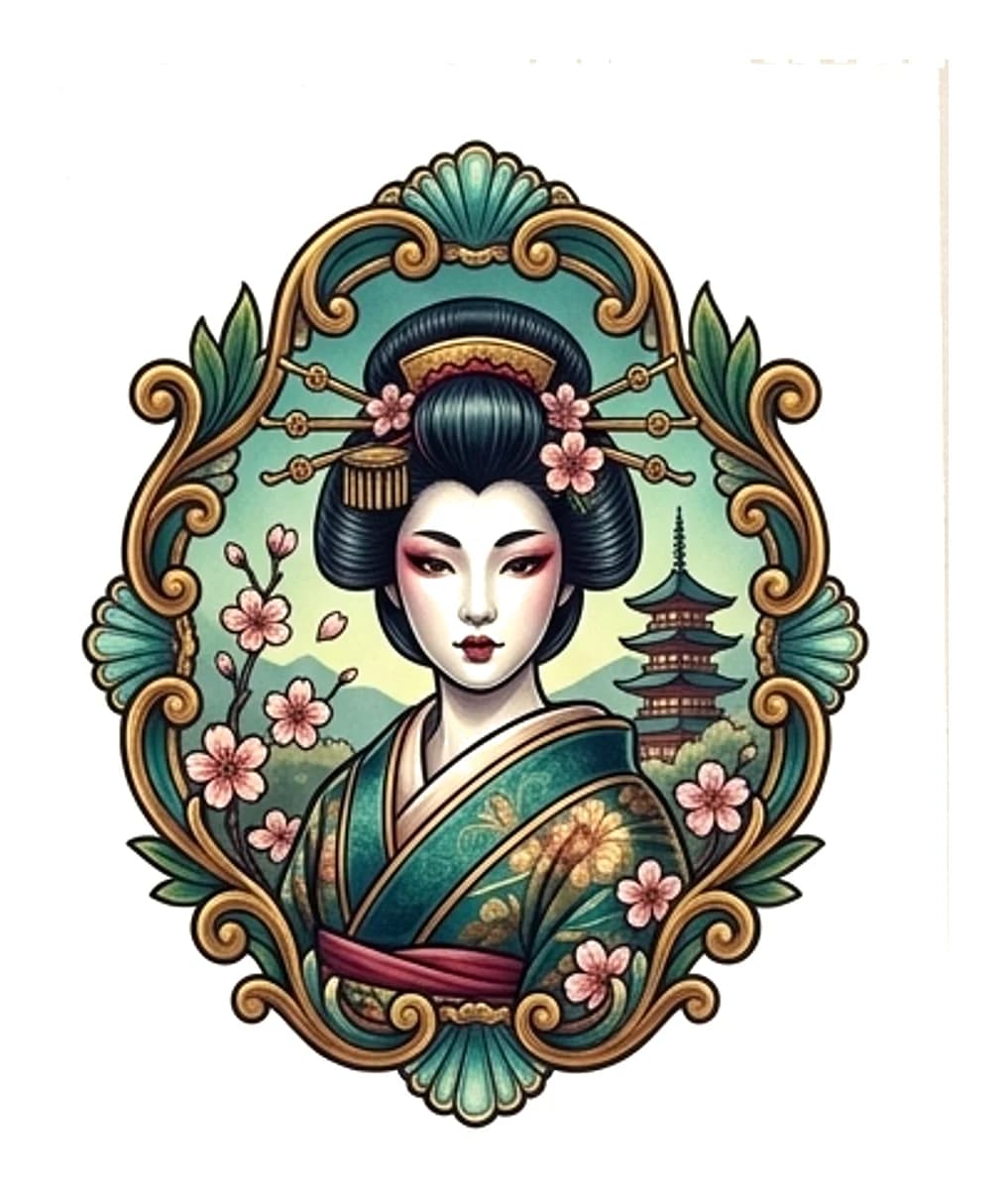 Neo-traditional framed geisha portrait with blooming cherry blossom branches and a Japanese pagoda.