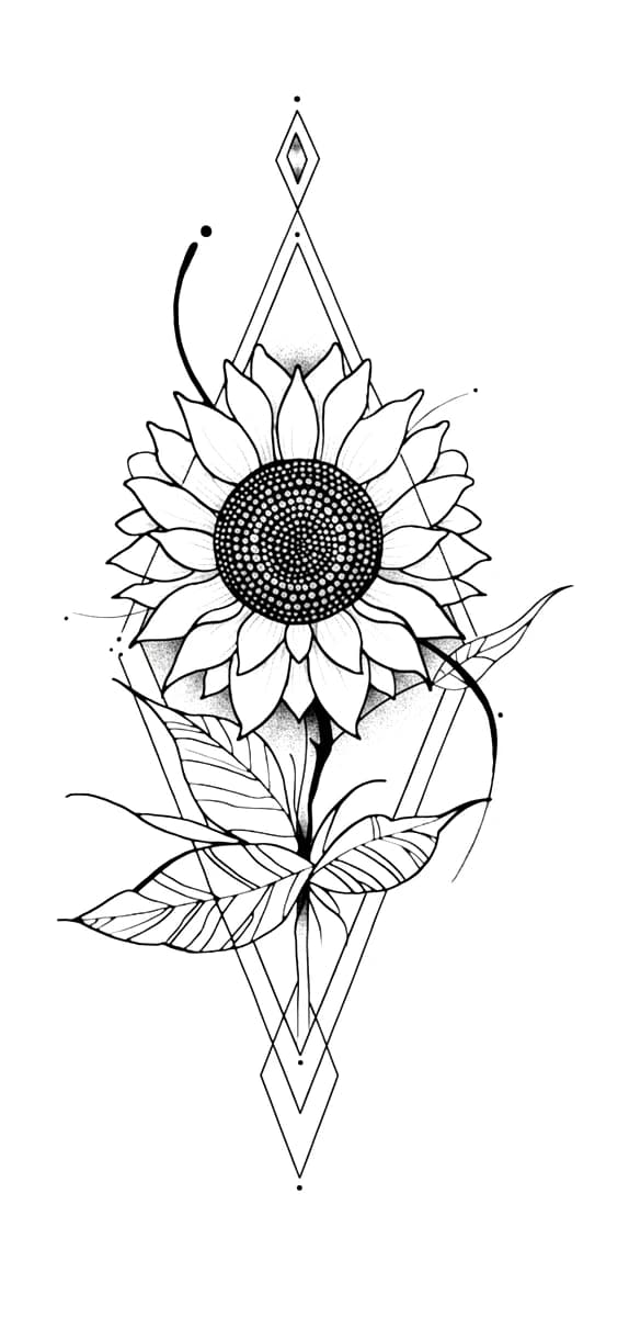 Geometric sunflower tattoo design with crisp diamond frames, stippled seed head, and fine line botanical leaves.