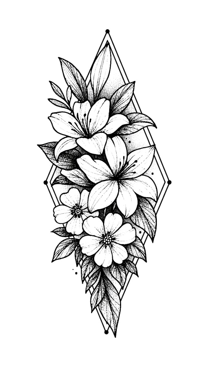 Dotwork tattoo design of blooming lilies and cherry blossoms framed within a geometric diamond linework outline.