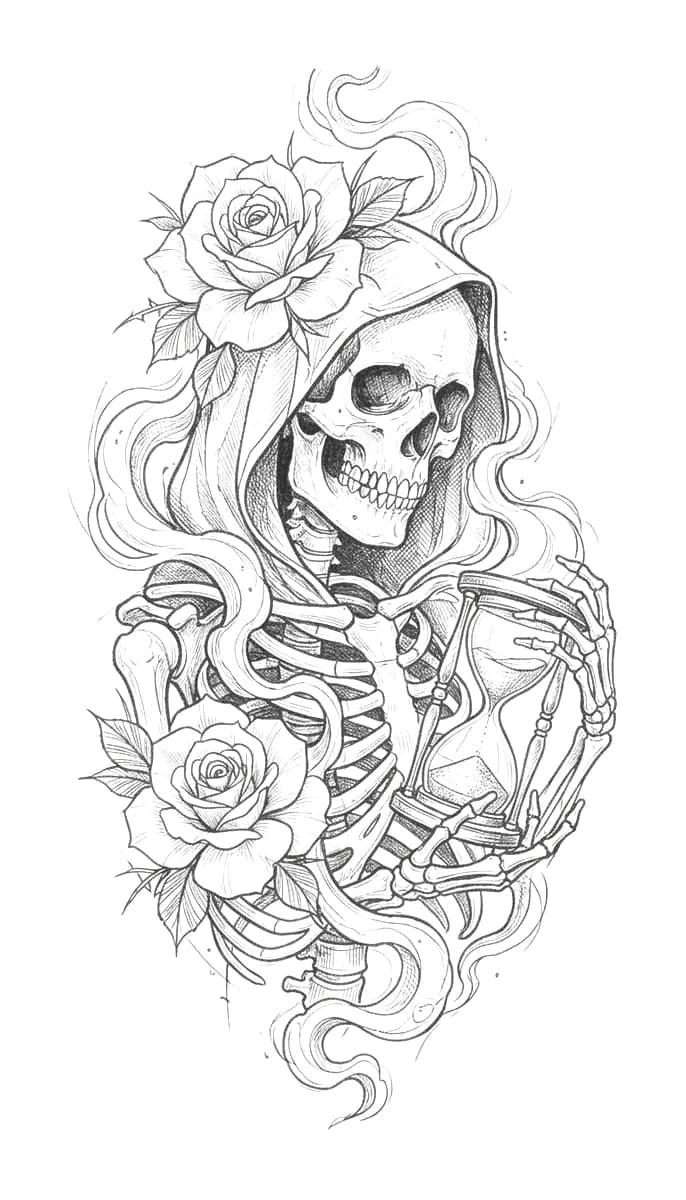 Illustrative black and grey tattoo design of a hooded skeleton holding an hourglass surrounded by roses and smoke.